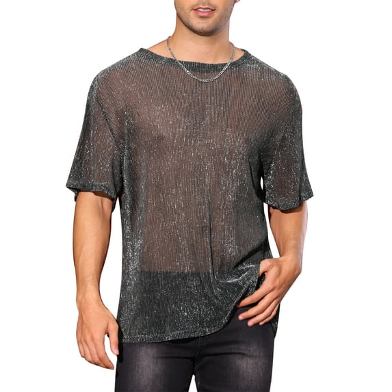 Glitter See Through Tee for Men's Short Sleeves Party Clubwear Metallic Shiny Mesh Sheer T-Shirt L Silver Gray