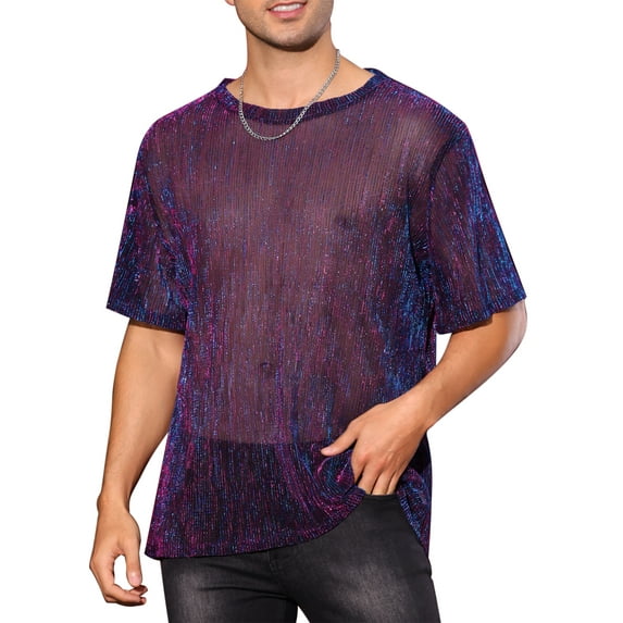 Glitter See Through Tee for Men's Short Sleeves Party Clubwear Metallic Shiny Mesh Sheer T-Shirt M Blue Red
