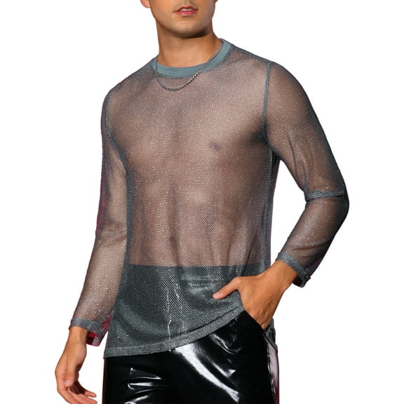 INSPIRE CHIC Glitter Mesh T Shirt for Men's See Through Long Sleeve Clubwear Party Sparkly T-shirt