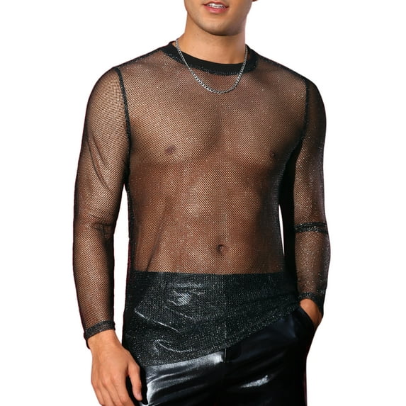 INSPIRE CHIC Glitter Mesh T Shirt for Men's See Through Long Sleeve Clubwear Party Sparkly T-shirt