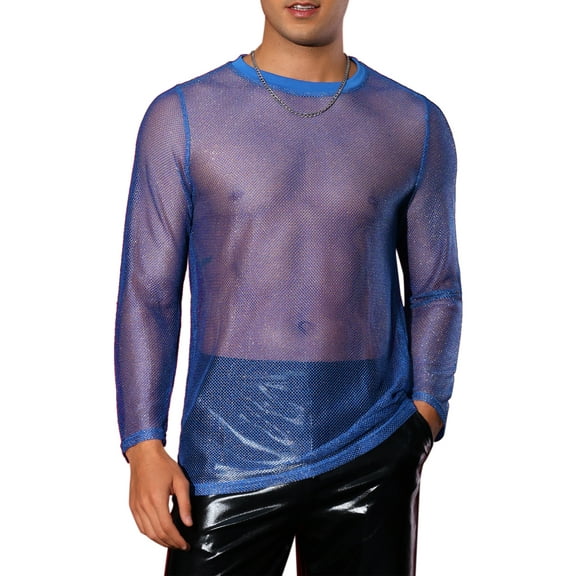INSPIRE CHIC Glitter Mesh T Shirt for Men's See Through Long Sleeve Clubwear Party Sparkly T-shirt