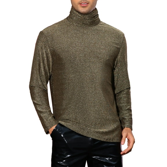 INSPIRE CHIC Glitter T Shirt for Men's Sparkly Turtleneck Tee Shiny Party Long Sleeve Metallic T-Shirt