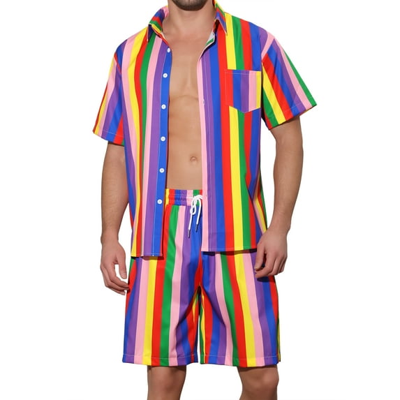 INSPIRE CHIC Hawaiian Rainbows 2 Pieces for Men's Father's Day Gift VaCatsion Beach Shirt and Shorts Sets L Rainbow Purple