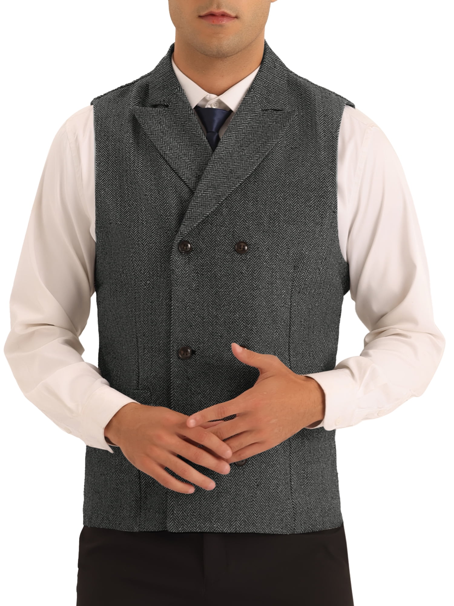 Lars Amadeus Herringbone Suit Vests for Men's Double Breasted Peak