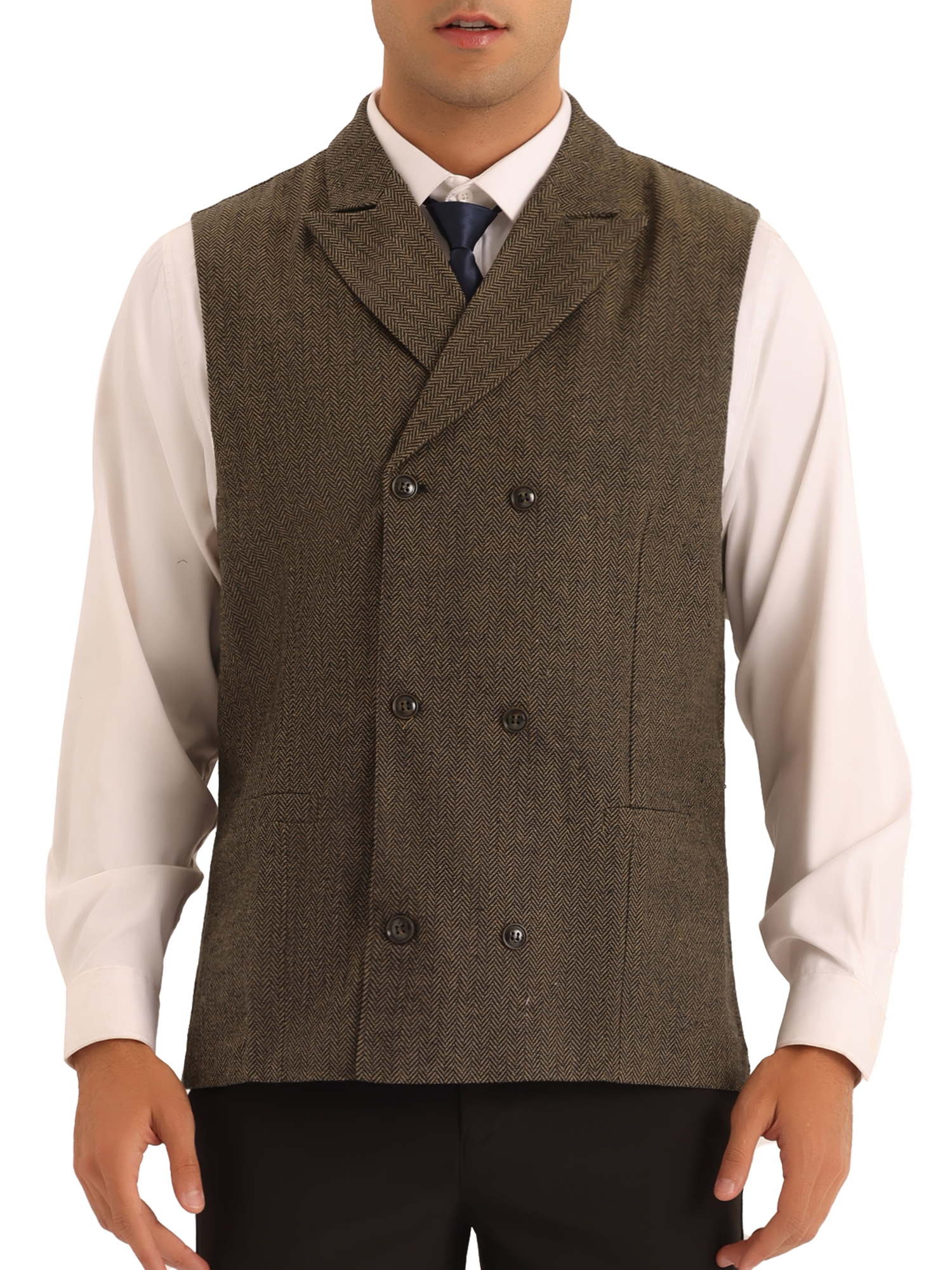 Lars Amadeus Herringbone Suit Vests for Men's Double Breasted Peak