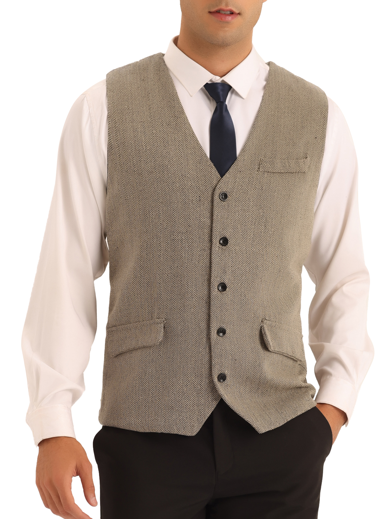 Lars Amadeus Herringbone Waistcoats for Men's Slim Fit Single Breasted