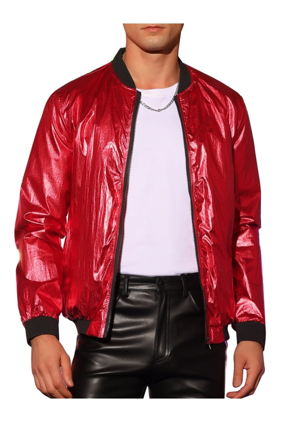 Holographic Jacket for Men's Zip Up Shiny Party Bomber Varsity Jackets Red L