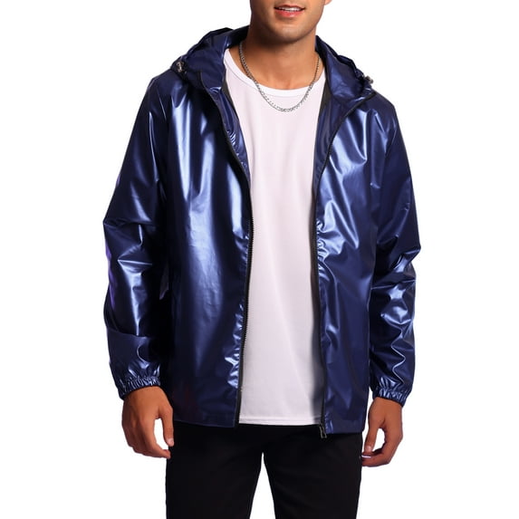 INSPIRE CHIC Holographic Jackets for Men's Long Sleeves Metallic Hoodie Coat