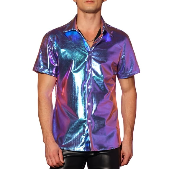 INSPIRE CHIC Holographic Shirts for Men's Crew Neck Short Sleeves Metallic Tops