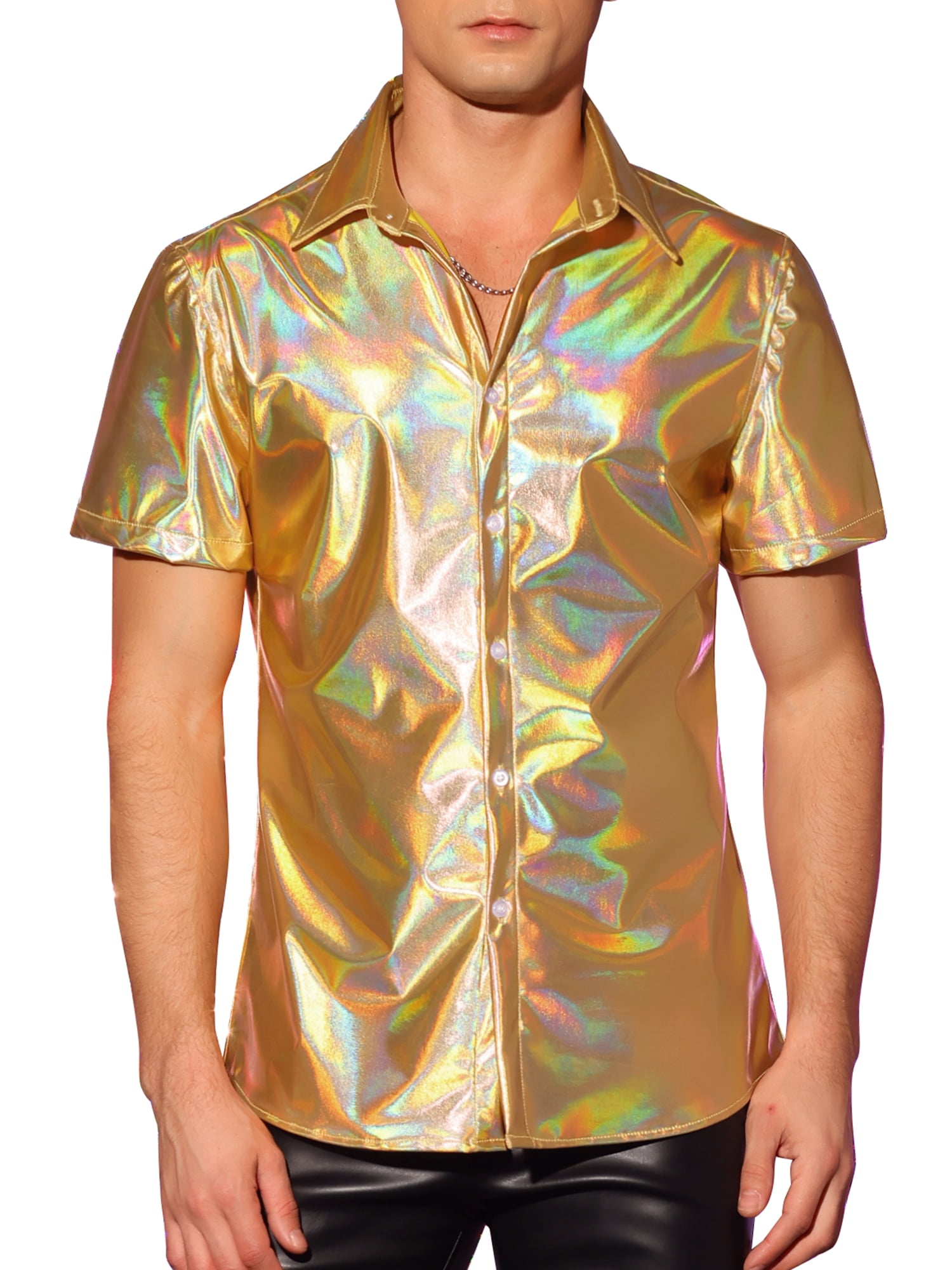 INSPIRE CHIC Holographic Shirts for Men's Crew Neck Short Sleeves Metallic Tops