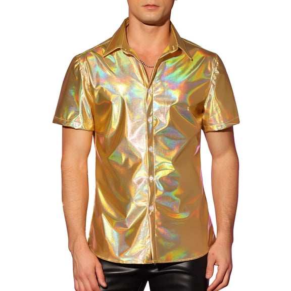 INSPIRE CHIC Holographic Shirts for Men's Crew Neck Short Sleeves Metallic Tops