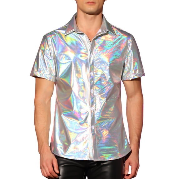 INSPIRE CHIC Holographic Shirts for Men's Crew Neck Short Sleeves Metallic Tops