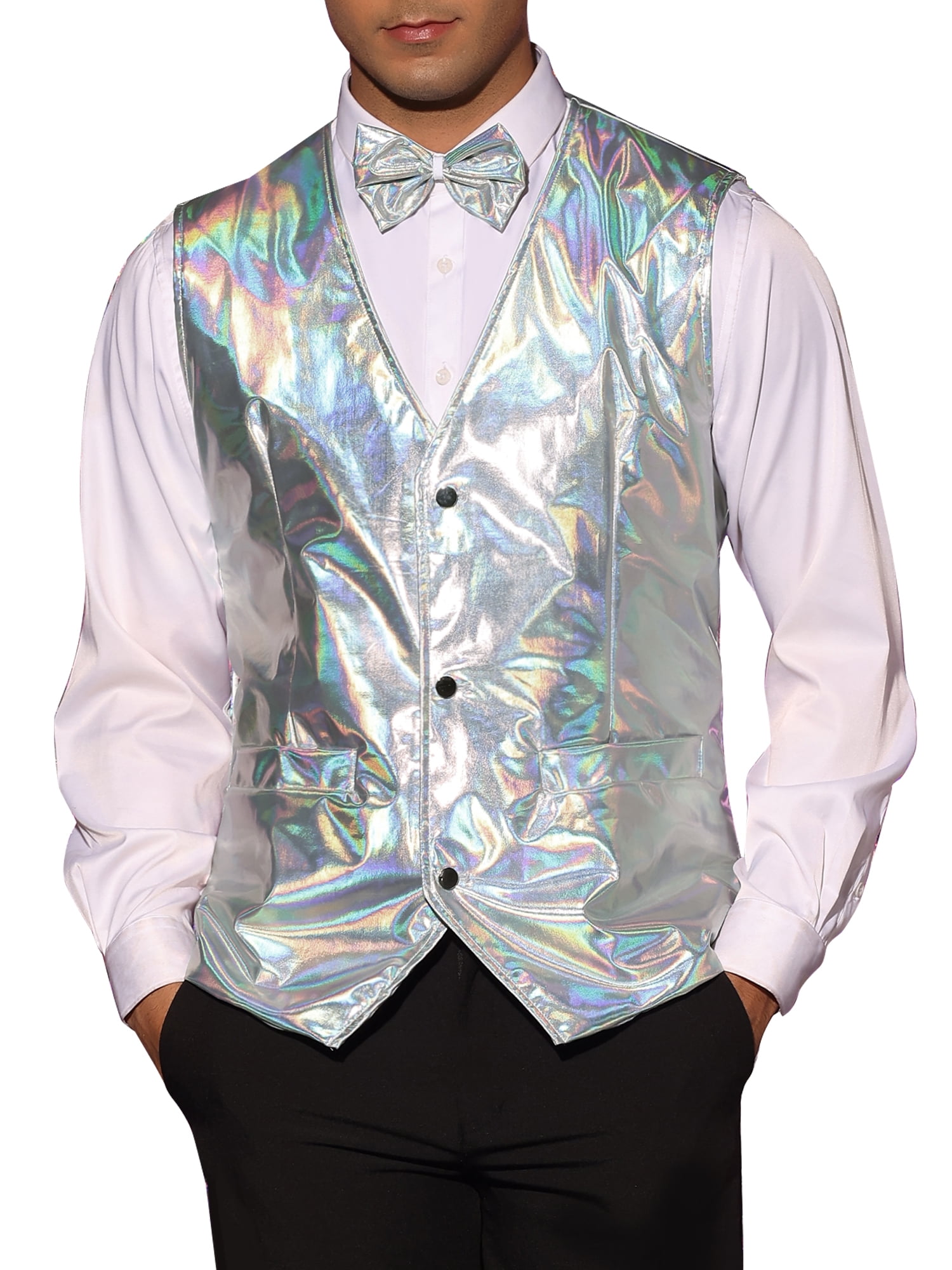 Lars Amadeus Holographic Vest for Men's V-Neck Slim Fit
