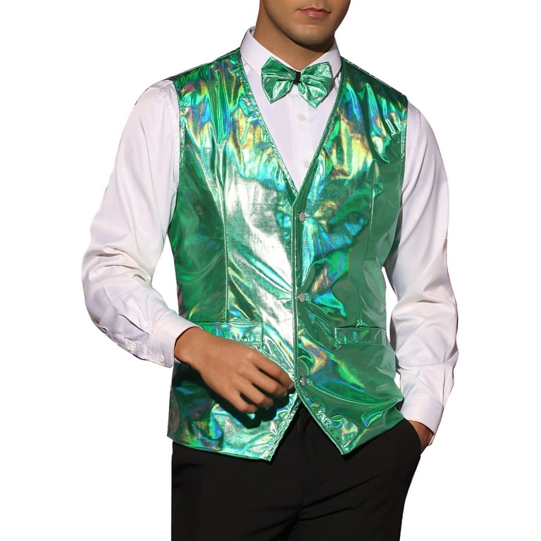 Lars Amadeus Holographic Vest for Men s V Neck Slim Fit Sleeveless Metallic Waistcoat Bowtie