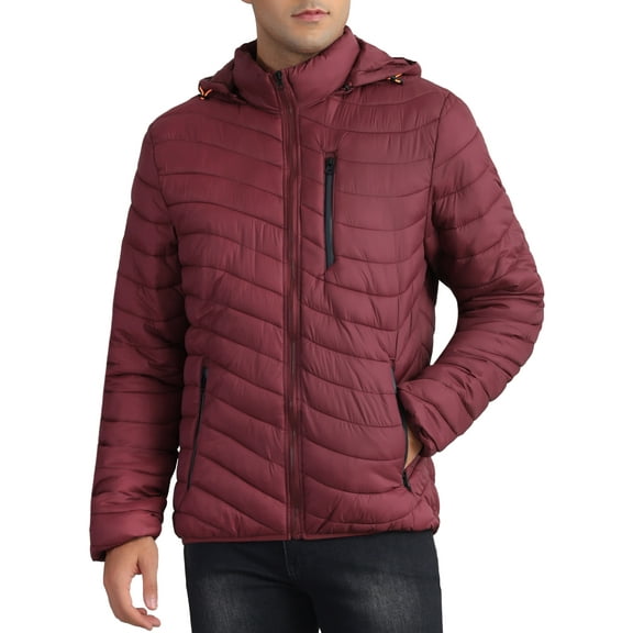 INSPIRE CHIC Hooded Puffer Jackets for Men's Winter Warm Zipper Detachable Hood Padded Coat