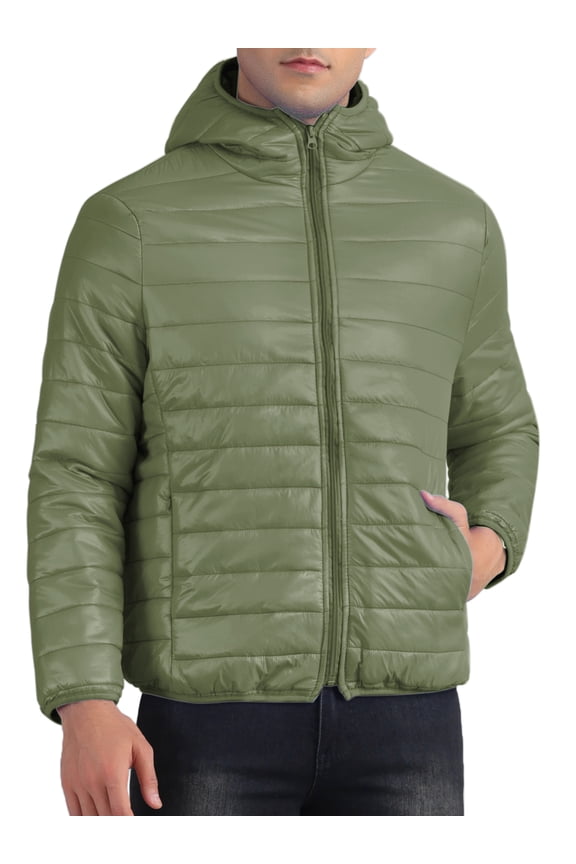 Hooded Puffer Jackets for Men's Winter Zipper Lightweight Warm Padded Coat S Olive Green
