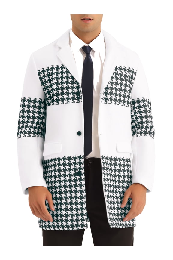 Houndstooth Overcoat for Men's Single Breasted Color Block Patchwork Long Coat White 2XL