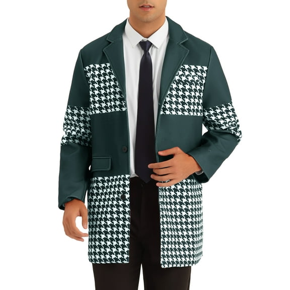 INSPIRE CHIC Houndstooth Overcoat for Men's Single Breasted Color Block Patchwork Long Coat Black XL