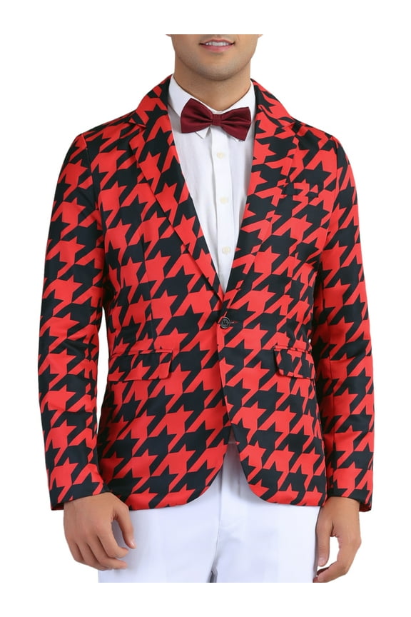 Men's Blazers Houndstooth Plaid Contrast Color Slim Fit One Button Sports Coat M Red