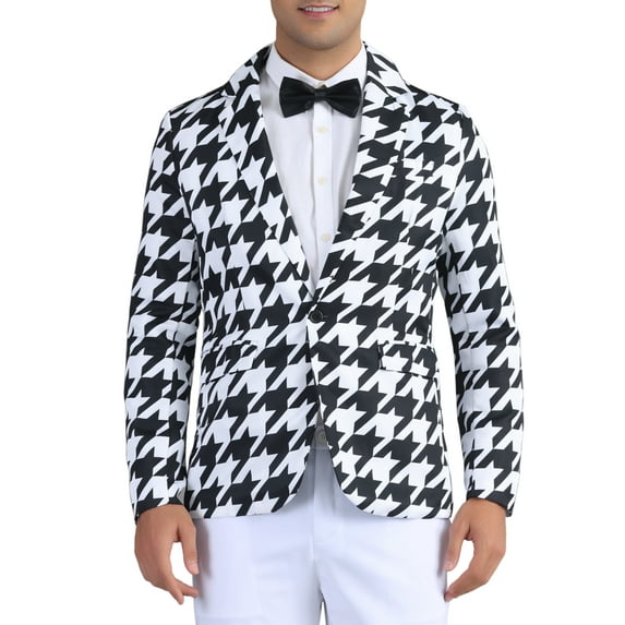 INSPIRE CHIC Houndstooth Pattern Blazers for Men's Prom Plaid Suit Jacket Business Sport Coats XL Black White