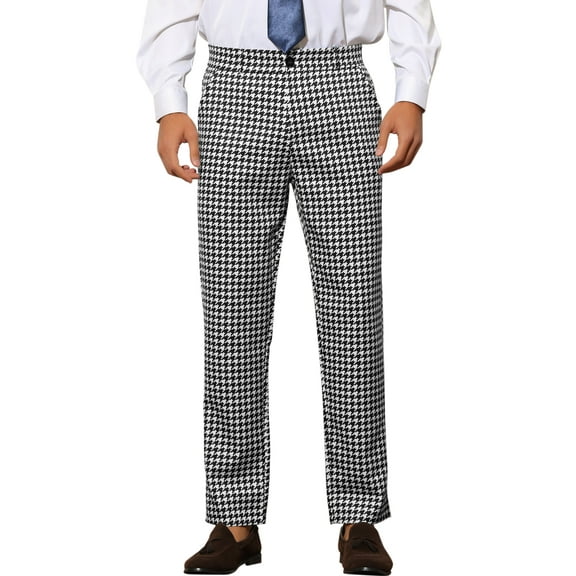 INSPIRE CHIC Men's Pants Houndstooth Checked Slim Fit Zipper Closure Dress Pants 30 White Black