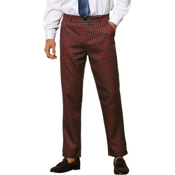 INSPIRE CHIC Men's Pants Houndstooth Checked Slim Fit Zipper Closure Dress Pants 36 Red Black