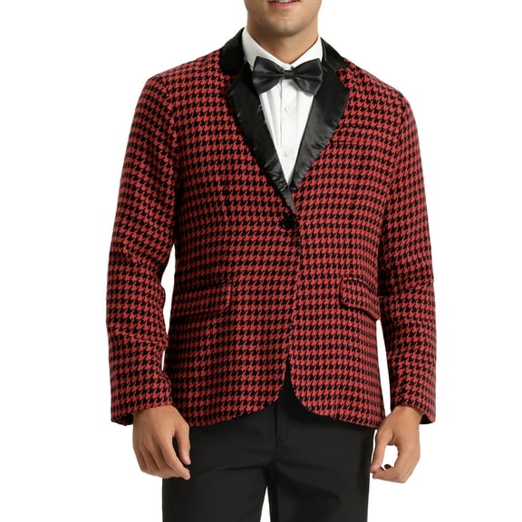 INSPIRE CHIC Houndstooth Print Blazer for Men's Contrast Collared Sports Coat Red Black M