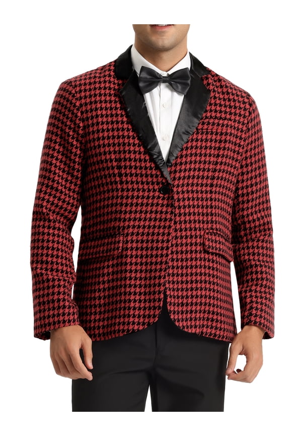 Houndstooth Print Blazer for Men's Contrast Collared Sports Coat Red Black M