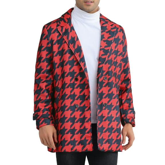 INSPIRE CHIC Houndstooth Trench Coat for Men's Double Breasted Plaid Pattern Winter Overcoat M Red