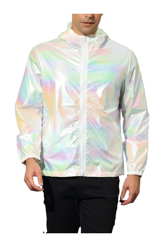 Men's Jacket Metallic Zip up Hooded Lightweight Holographic Shiny Jackets 2XL White