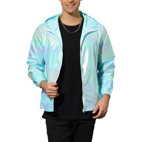 INSPIRE CHIC Men's Jacket Metallic Zip up Hooded Lightweight Holographic Shiny Jackets XL Mint Blue