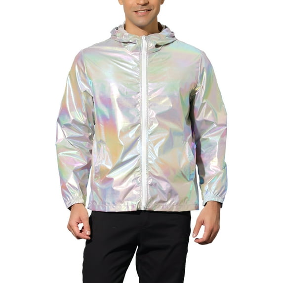 INSPIRE CHIC Men's Jacket Metallic Zip up Hooded Lightweight Holographic Shiny Jackets M Gray