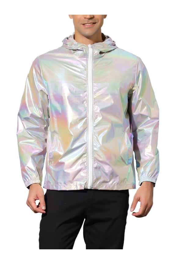 Men's Jacket Metallic Zip up Hooded Lightweight Holographic Shiny Jackets XL Gray