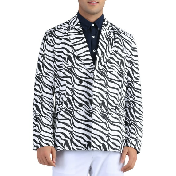 INSPIRE CHIC Leopard Blazer for Men's Peak Lapel Double-Breasted Sport Coat Animal Suit Jacket 2XL Black White