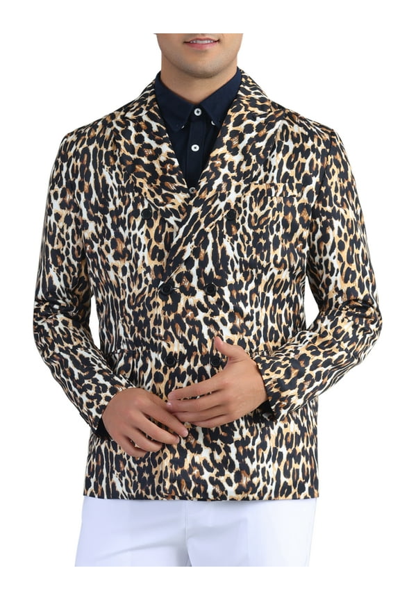 Leopard Blazer for Men's Peak Lapel Double-Breasted Sport Coat Animal Suit Jacket XL Brown