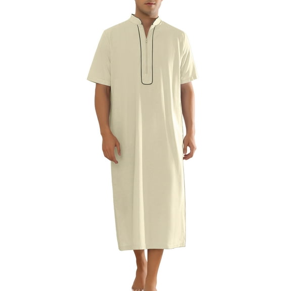 INSPIRE CHIC Long Nightgown for Men's Short Sleeves Stand Collar Zipper Nightshirts Khaki S