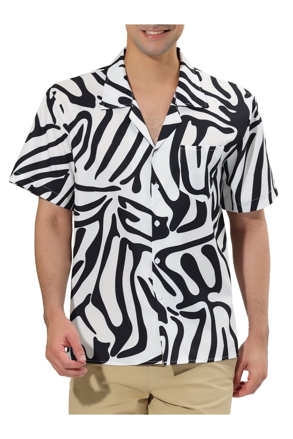 Men's Animal Print Short Sleeves Button Up Summer Hawaiian Shirts M Black White