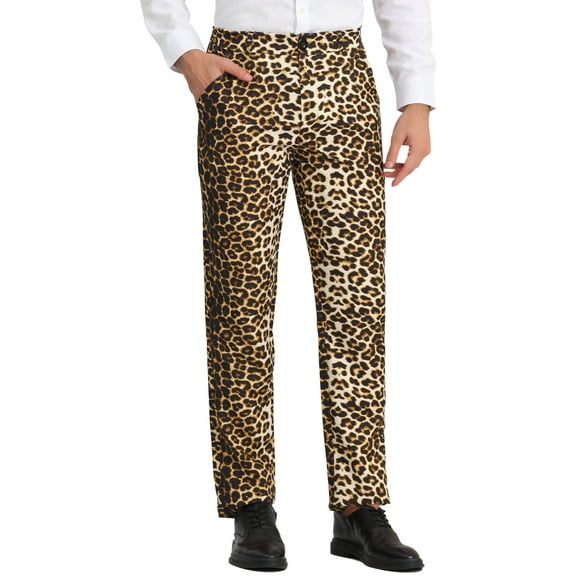 INSPIRE CHIC Men's Pants Snake Print Regular Fit Flat Front Elastic Waist Pants 30 Leopard Print