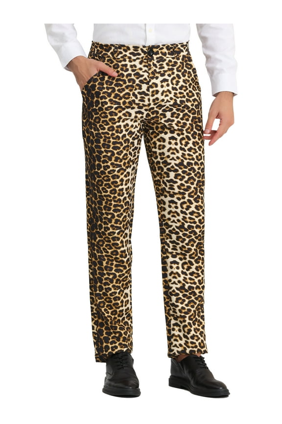 Men's Pants Snake Print Regular Fit Flat Front Elastic Waist Pants 30 Leopard Print
