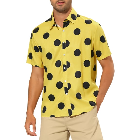 INSPIRE CHIC Men's Beach Polka Dots Printed Shirt Button Down Short Sleeve Casual Shirts L Yellow