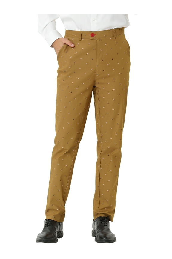 Men's Business Pants Casual Printed Slim Fit Flat Front Dress Pants Khaki 32