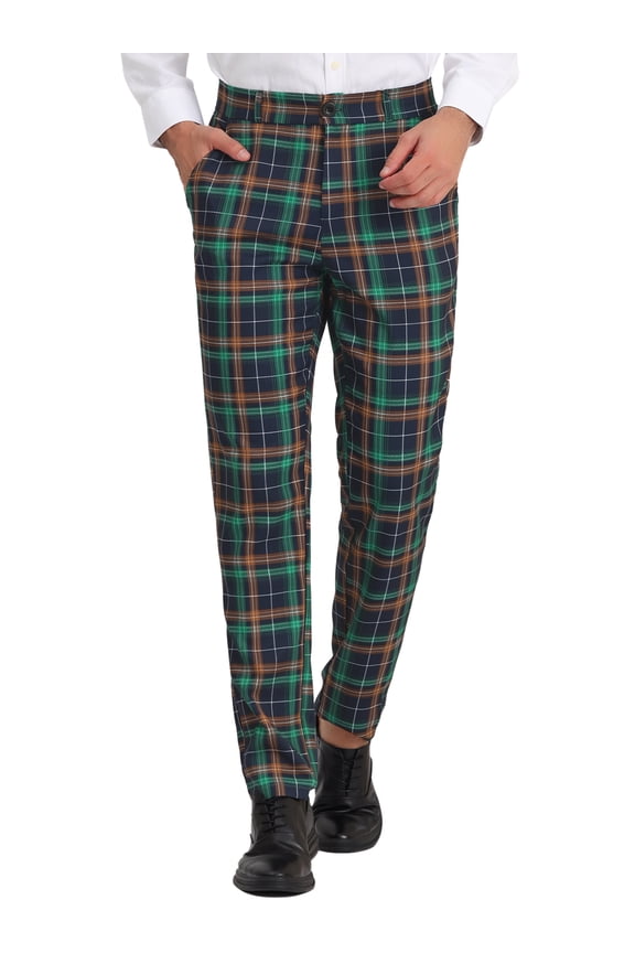 Men's Business Plaid Lightweight Regular Fit Flat Front Checked Pants 30 Navy Green