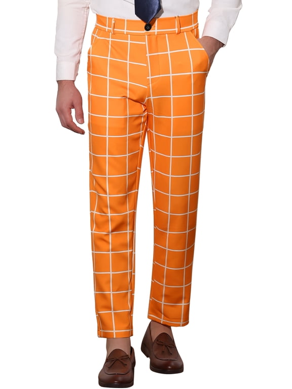Men's Business Plaid Pants Casual Slim Fit Checked Dress Trousers 28 Orange