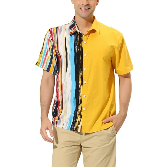 Lars Amadeus Men's Button Down Shirt Color Block Short Sleeve Striped Summer Shirts