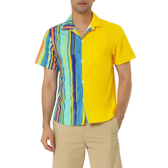 INSPIRE CHIC Men's Button Down Shirt Color Block Short Sleeve Striped Summer Shirts Yellow Green S