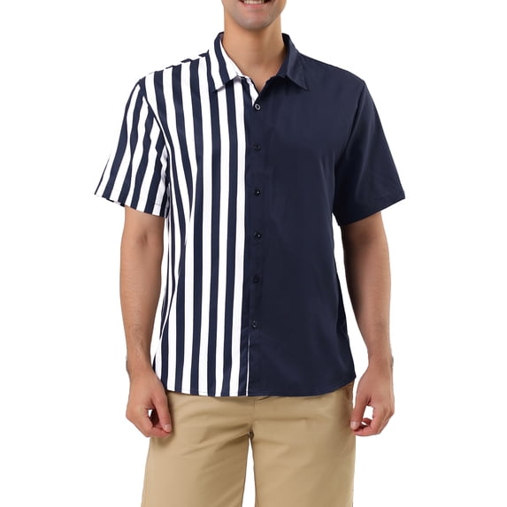 INSPIRE CHIC Men's Button Down Shirt Color Block Short Sleeve Striped Summer Shirts S Navy Blue