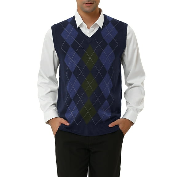 INSPIRE CHIC Men's Vests Argyle Knit Slim Fit Sleeveless Contrast Color Pullover Vest S Navy