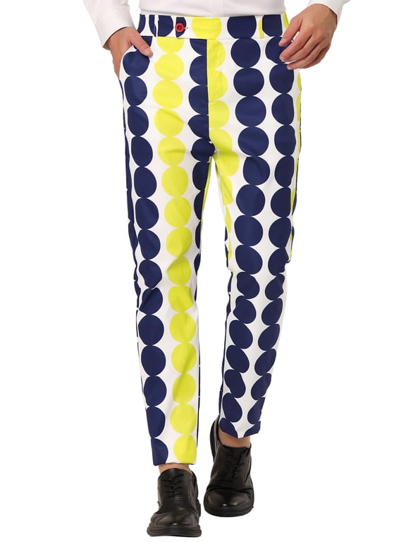 Men's Casual Geometric Printed Color Block Flat Front Dress Pants 28 Black Yellow