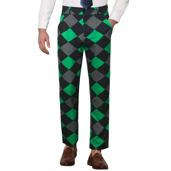 INSPIRE CHIC Men's Casual Geometric Printed Color Block Flat Front Dress Pants 30 Black Green