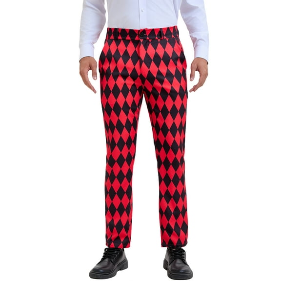 INSPIRE CHIC Men's Casual Geometric Printed Color Block Flat Front Dress Pants 32 Black and Red